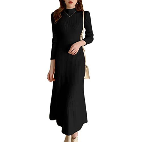 SJASD Strickkleid Damen Lang Rollkragen Kleid elegant Langarm Damen Pulloverkleid Strickkleid Pullover Partykleid Abendkleid Casual(Size:XL,Color:Schwarz) Cover