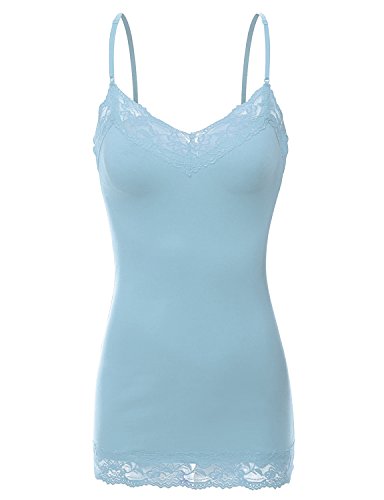 XT1004L Ladies Adjustable Spaghetti Strap Lace Trim Long Tunic Cami Tank Top Powder Blue 3XL