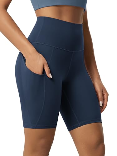 ODODOS 8" Tummy Control Biker Shorts for Women with Pockets High Waist Running Workout Athletic Yoga Shorts, Navy, XX-Large
