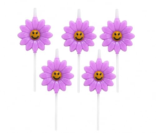 Image of Smiley Flower Birthday Candles for Cake Decoration, Pack of 5, flower Shape Decorative Cake Candles, Natural Wax Party Candles for Birthday, Anniversary, Baby Shower & Celebration (PURPLE)