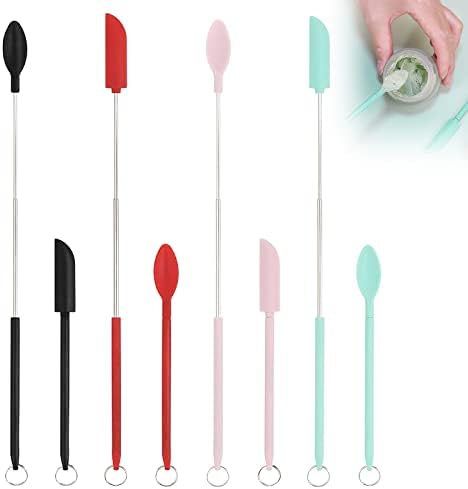 DIDnDID 8 Pack Mini Silicone Retractable Spatula and Spoon Reusable Bottle Spatula Heat Resistant Portable Silicone Spatula Set with Hanging Buckle for Kitchen Cooking Cosmetic Jars Kitchen Bottles