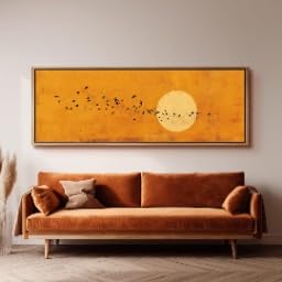Tableau grand format soleil levant asiatique oiseaux poétiques
