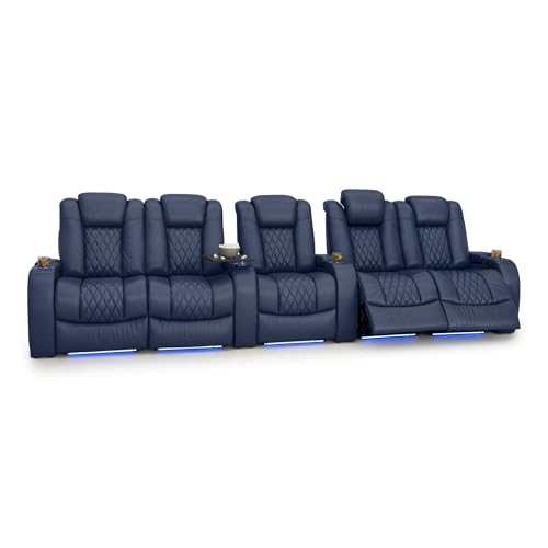 Image of Seatcraft Diamante Navy Blue Italian Leather Home Theater Seating, Zero Gravity Power Recliner, Gaming and Home Office Chair, Powered Headrest Furniture for Cinema Room, Row of 5 Dual Loveseats