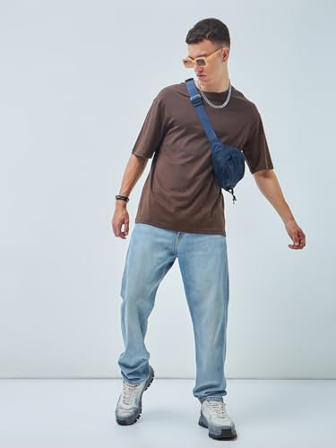 Image of Bewakoof Men's Solid Oversized Fit Half Sleeve Round Neck Cotton T-Shirt
