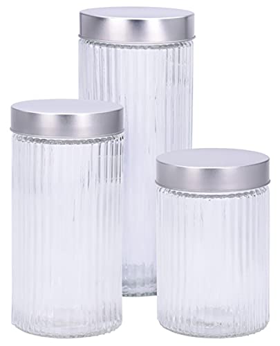 Vorratsdose Glasdose Bonbonglas Set Vintage Jars aus Glas mit Deckeln H15/19/23cm Vorratsglas (3-TLG Set geriffelte Gläser mit Metalldeckel) Cover