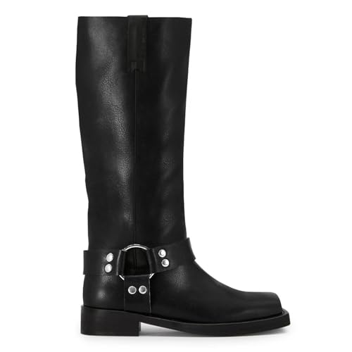Women's Knee High Riding Boots Leather Studds Biker Boot Square Toe Block Chunky Heel Slip on Tall Motorcycle Boots Wide Mid Calf Booties Cute Comfortable Winter Shoes