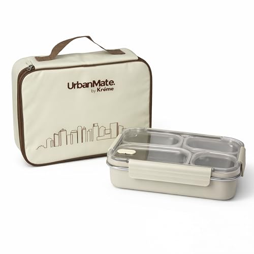Image of Kreme UrbanMate Bento Lunch Box with Carry Bag 1000 ml, 4 Compartment Lunch Box, Stainless Steel, Leak Proof, Spill Proof, Ideal for Adults, Teenagers and Kids, Beige