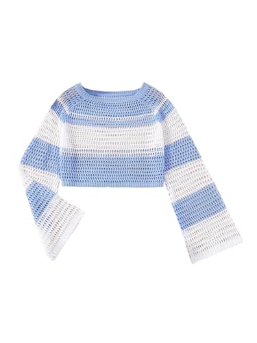 WDIRARA Girl's Color Block Hollow Out Bell Long Sleeve Sweater Casual Round Neck Pullovers