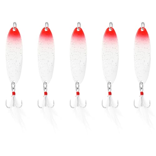 PATIKIL Cucharillas De Pesca 3/8 Oz 10g, 5Pcs Señuelos De Pesca Cucharillas Giratorias con Anzuelos Triples para Agua Dulce Y Salada Salmón Lubina, Rojo Blanco