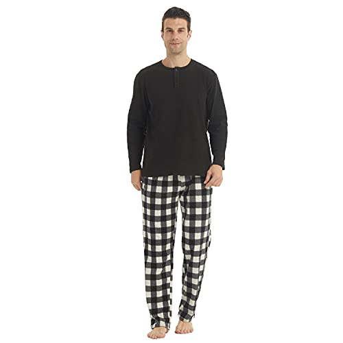 Schlafanzug Herren Lang Pyjama Set Winter Warm Flanell Baumwolle Zweiteiliger Karierte Nachtwäsche für Männer Henley Langarm Shirt Hausanzug Cover