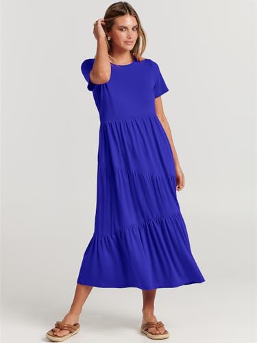 Image of ANRABESS Women Summer Maxi Dress Short Sleeve Swing Casual Asymmetric Tiered Vacation Long Beach Sundress Outfits
