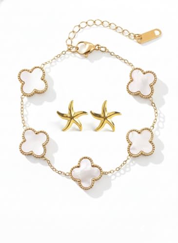 Image of Coastal Luck Jewelry Duo: Gold Plated Clover Bracelet & Starfish Studs - Anti-Tarnish Pinterest Aesthetic