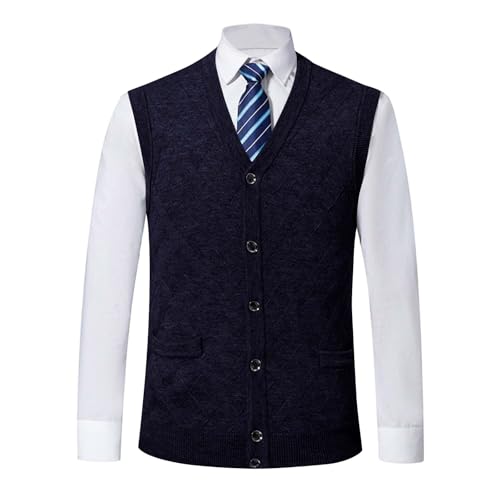 Akklian Men's Classic V Neck Wool Blend Sweater Vest Sleeveless Button Front Knit Cardigan Vest Preppy Clothes with Pockets