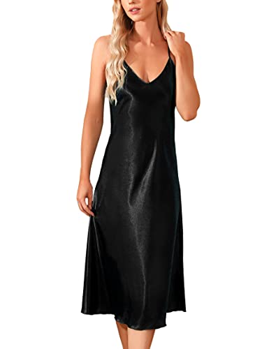 Marvmys Camisón Sexy Satén para Mujer Camisones Sexys Mujer Verano Vestidos Tirantes Camisón con Correas Ajustables Ropa de Dormir con Cuello en V Ligero y Suave, Negro, XL Cover