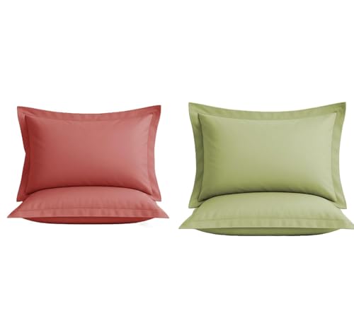 Image of VAS COLLECTIONS Premium Pillow Cover Set of 4 Piece | 210 TC 100% Pure Cotton | Solid Color Hotel Quality Pillow Covers, Hotel & Hospital Use | 18 x 28 Inches (1, Solid Pink & Olive Green)