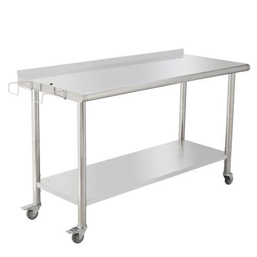 Stainless Steel Table for Prep & Work with Caster Wheels, Heavy Duty Workbench with Removable Trash Rack, Metal Work Table with Backsplash for Outdoor