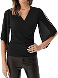GRACE KARIN Women 3/4 Chiffon Sleeve Dressy Blouse Wrap Elastic Shirt Business Casual Party Flattering Tops 2023 Fashion Black