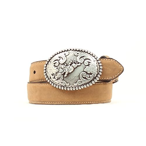 Nocona Boy's Belt with Bay Apache Leather and Antiqued Bull Rider Motif Buckle, Medium Brown, Size 30