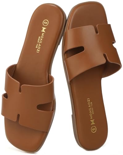 MOAILAOZI Women's Dressy Flat Sandals, Slip On Slide With Comfortable Memory Foam Support, Summer Beach Slide BROWN 8