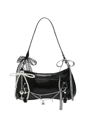 Image of Verdusa Women's Y2K Purse Coquette Bow Tie Vintage Shoulder Bags Lace PU Leather Kawaii Handbag