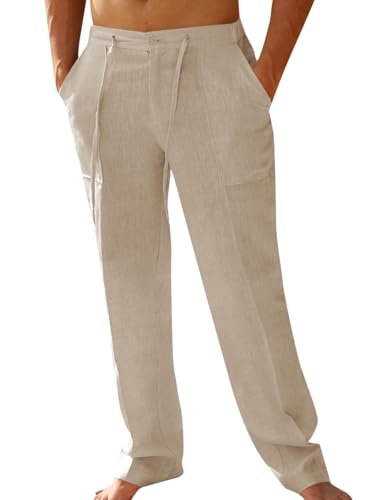 PASLTER Mens Casual Linen Pants Loose Fit Elastic Drawstring Waist Straight-Legs Summer Yoga Beach Long Pants Apricot