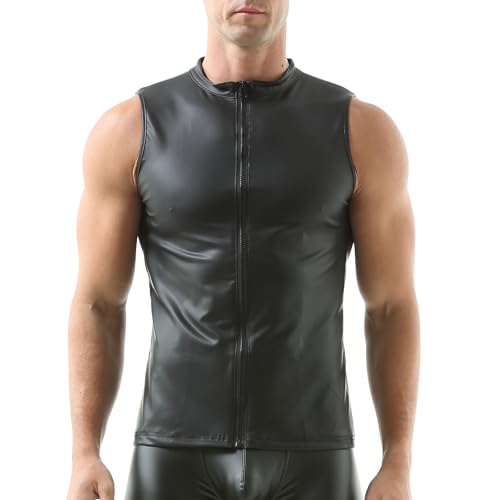 QiaTi Men's Faux Leather Vest Undershirt Sleeveless Tank Top Zipper Stand Collar Shirt Muscle Waistcoats Fit Athletic