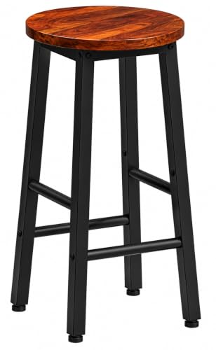 Image of Wooden Bar Stool Set for Kitchen Island, Bar, Dining & Cafe - Heavy Duty Metal Frame | High Stools for Breakfast Counter (Set of 2)