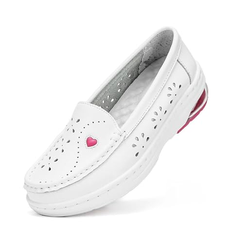 CLSQLXYJZC Summer Leather Loafers, Womens Casual Breathable Mesh Hollow Slip on Lightweight Slip Resistant Nursing Shoes, Lightweight Air Cushion Walking Shoes, for Doctors