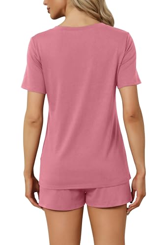 Image of RUBZOOF Women's Short Sleeve Pajama Sets with Pockets Casual V Neck 2 Piece Lounge Sets S-3XL