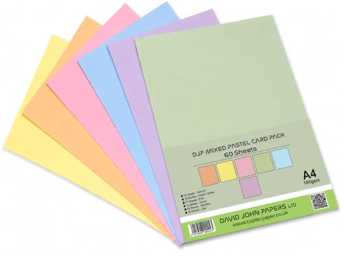 DJP Pastel Card Pack A4 160gsm Mixed Pastel Card 60 Sheets 6 Shades A4 Printer Photocopier Coloured Sheets