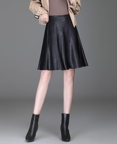 chouyatou Women's High Waisted Faux Leather Pleated Skirt A Line Knee Length Business Casual Midi Skirt4