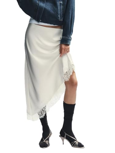 Women Satin Lace Trim Long Skirts Elastic Waist Asymmetric Hem