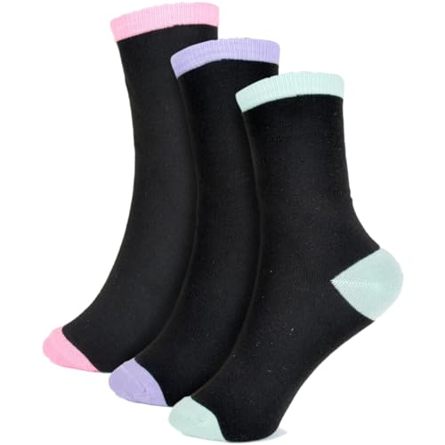 Girls Stylish and Comfortable Contrast Heel & Toe Socks Vibrant Colors Premium Quality 3 Pack Value Set 3-14 Years
