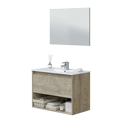 ARKITMOBEL Mobile da bagno sospeso con 1 cassetto, 1 cavo e specchio, modulo sospeso, modello Cotton, finitura in rovere alaska, dimensioni: 80 cm (larghezza) x 59 cm (altezza) x 45 cm (profondità)