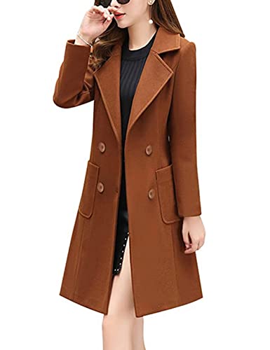Bankeng Women's Winter Wool Blend Coat Notch Lapel Double Breasted Peacoat Loose Warm Coat Mid-Long Outerwear