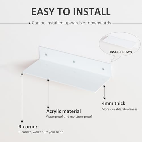 Image of 4 Pack White Acrylic Floating Shelves 15 Inches, Wall Hanging Bathroom Shelves, Wall Organizer Shelf for Kitchen, Living Room, Bathroom, Retail, Supermarket, 4 Pack