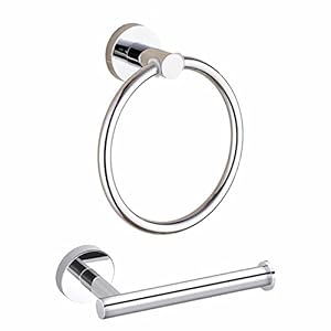 Toilet Roll Holders and Towel Ring Wall Mounted, AYIYUN Chrome Bathroom Accessories Toilet Paper Holder, Silver Stainless Steel Bath Towel Ring Bar Hardware Kit (2 Pieces)