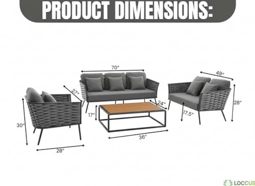 Image of LOCCUS 4-Piece Patio Rope Furniture Set - 6-Seater Outdoor Sofa with Wooden Top Table & Washable Cushions, Premium Conversation Set for Porch, Backyard & Garden (Grey)