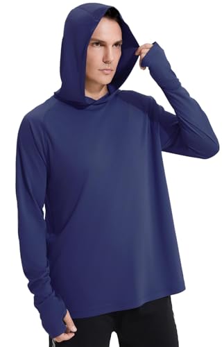 JOYMASAR Men's Dry-Fit UV Moisture Wicking UPF 50+ SPF Sun Protective Fishing Hiking Swim Long Sleeve Shirt with Hoodie Navy