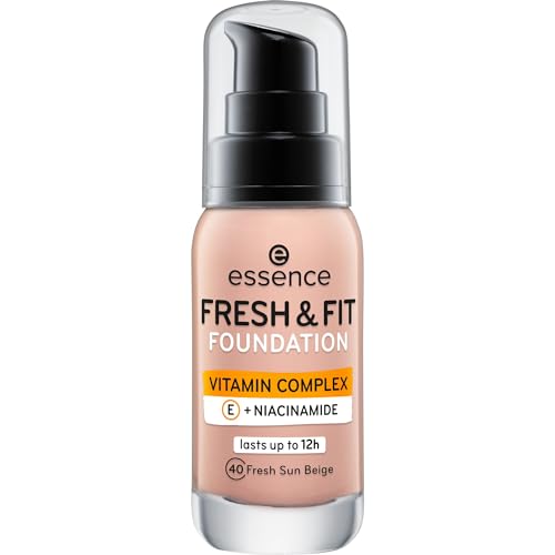 essence cosmetics FRESH & FIT FOUNDATION, Make Up, Nr. 40 fresh sun beige, nude, pflegend, glättend, mit Vitaminen, natürlich, vegan, ohne Parabene, Mikroplastik Partikel frei (30ml)