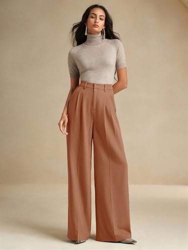 Image of KOTTY Women's High Waist Solid Color Hook and Bar Wide Leg Trousers Loose Comfort Trouser with Pockets