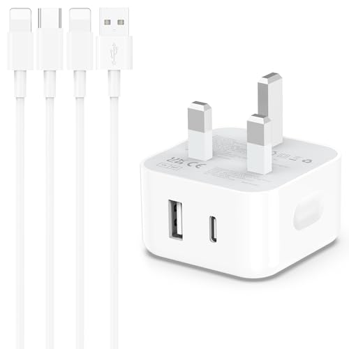 20W Fast Charger for iPhone, Dual Port USB C Plug with 2-Pack 2M Cable for iPhone 14/14 Pro/14 Pro Max/14 Plus/13 12 11 X XR XS SE 8 7 6 6S Mini, Pad, UK Type C PD Wall Charging USBC Adapter TICCOLO