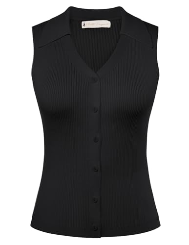 Image of Belle Poque Women's Button Down Tank Tops Summer Ribbed Vest Top Sleeveless V Neck Collared Vest Shirt Slim Fit Going Out Top