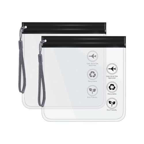 RAMGLYO 2 Piezas Neceser Transparente TSA Aprobado, Impermeable y Antiderrame, Bolsa Líquidos Avión 1 Litro, Apta para Equipaje de Mano, Gadgets de Viaje (20x20cm) (Negro con Asa)