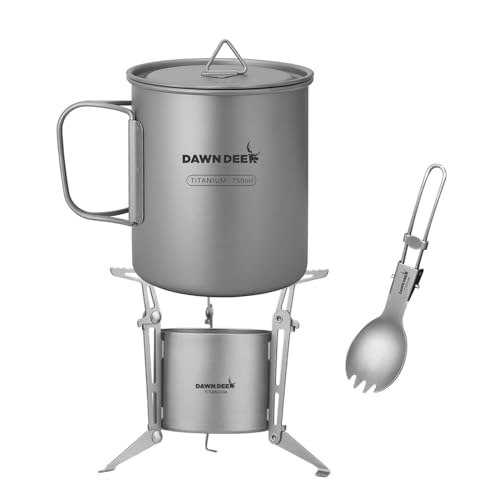 Dawn Deer Système de réchaud de randonnée en titane, tasse/réchaud à alcool portable/cuillère-fourchette pliable – 750 ml