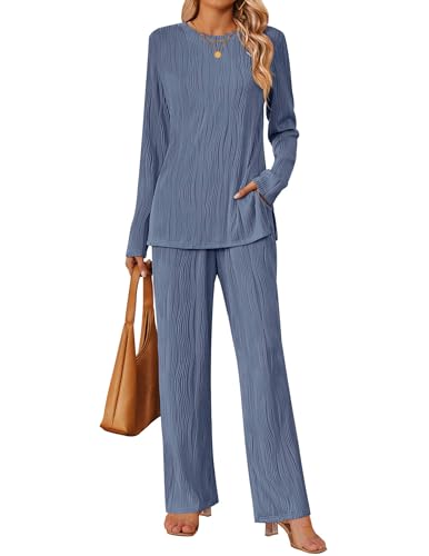 HAEOF Women's Fall 2 Piece Textured Sets Trendy Loungewear Soft Long Sleeve Tunic Tops Wide Leg Pants Matching Pajama Set