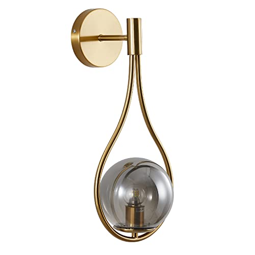 Image of KCO Lighting Brushed Brass Gold Smoke Glass Teardrop Wall Sconce Hardwired | E26 Bulb Included, Indoor Bathroom Vanity Light Mid Century Modern Wall Light for Bedroom Bedside Kitchen Hallway Stairway