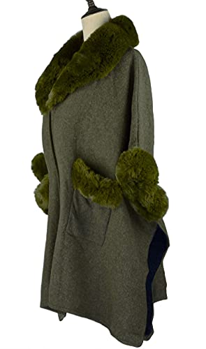 Image of Women Poncho with Pocket Warm Cashmere Cardigan Cape with Rabbit Fur