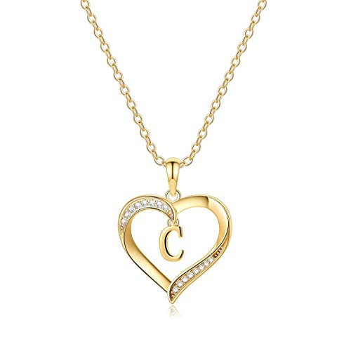 Heart Initial Necklace for Women, 14K Gold Plated Cubic Zirconia Heart Pendant Necklace, Dainty Initial Charm Necklace Letter A to Z Initial Jewelry for Women Girls