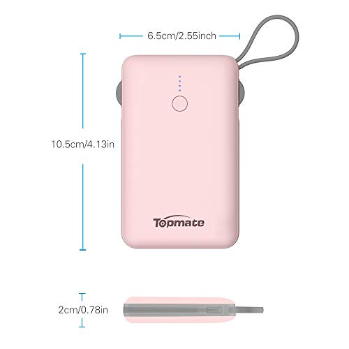 Power Bank Topmate 10000mAh Portable Charger with Built-in Type-C Micro & iOS Cable as Lanyard | Artifice Design for Cellphone and Pad etc. |Pink